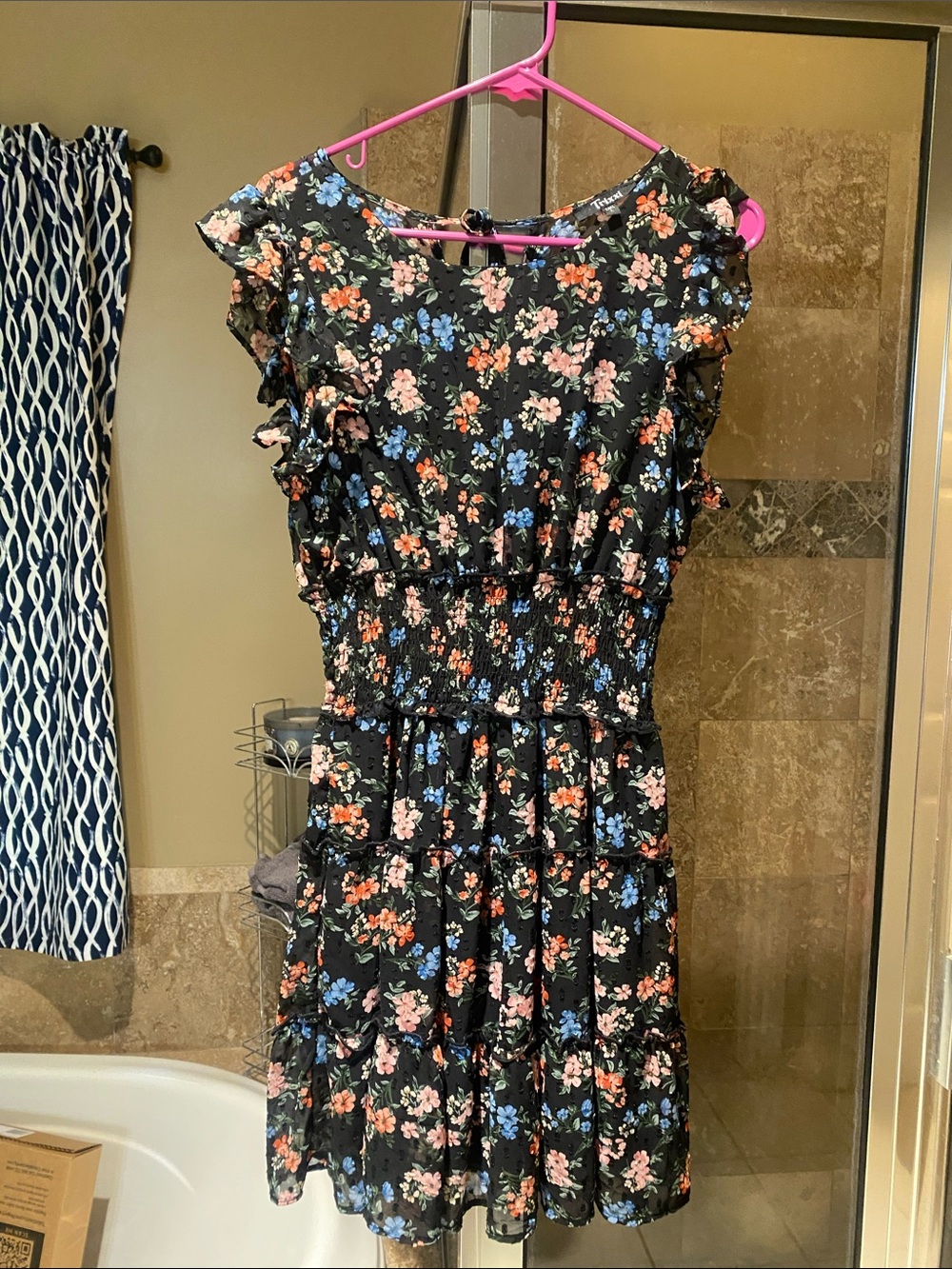 Women’s Black Floral Ruffle Tiered Dress with semi sheer middle
